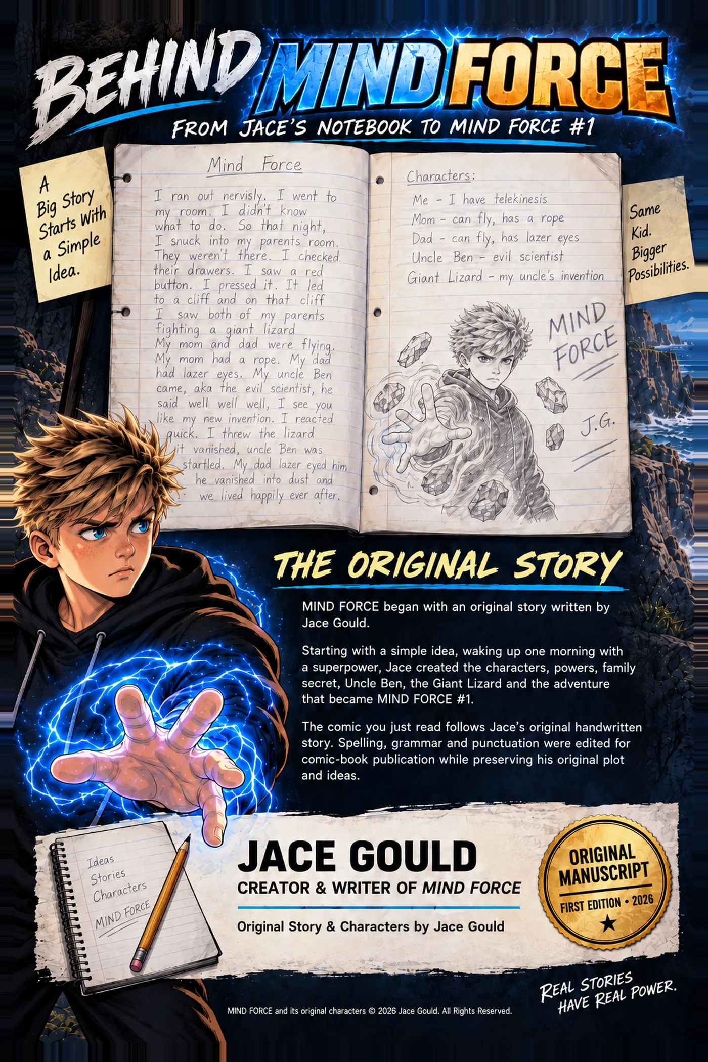 Behind Mind Force: Jace’s original handwritten story alongside the finished comic artwork
