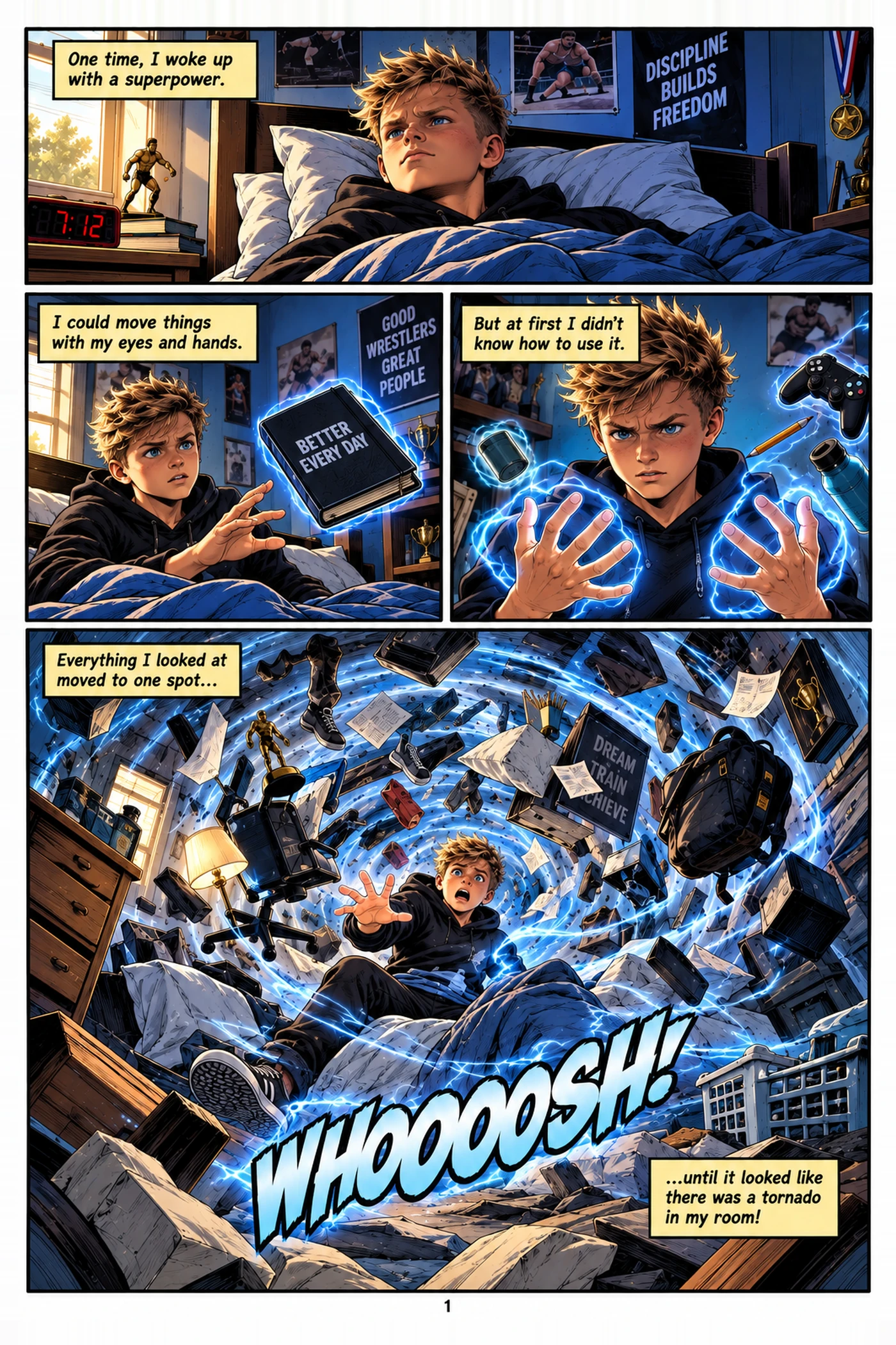 Opening comic page: a boy discovers he can move objects with his mind